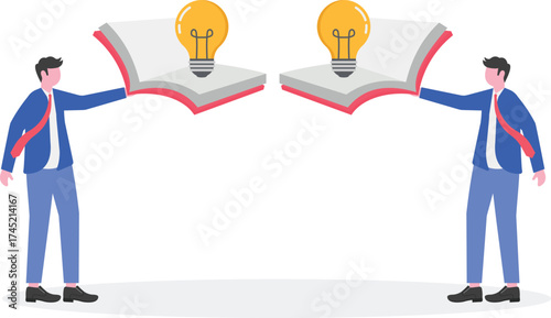 Big hand holds open book to discovering lightbulb idea

