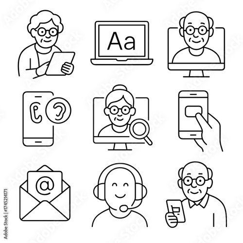 Senior tech users engaging with various devices and tools vector icon set isolated  