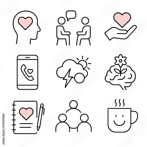 Vector icon set isolated illustrating communication and emotions, Mental Health Support  