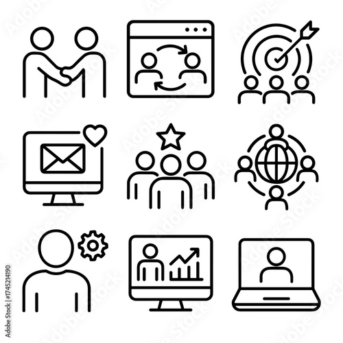 Vector icon set isolated representing remote team building  