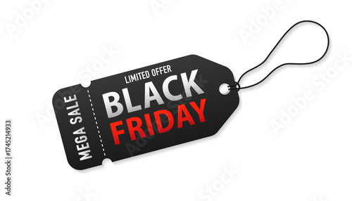 Black Friday sale. Black tag on isolated white background. Vector Tag for Exclusive Deals. Black Friday design, sale, discount, advertising, marketing price tag. Vector illustration