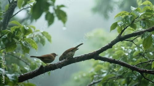 Birds perched on a branch during a downpour sequence, showing tranquility and nature's resilience,