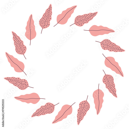 Pink Leaves Wreath. Playful Hand drawn vector circle frame with pastel spotted foliage. Artistic Girlish romantic botanical round border for poster card invitation design