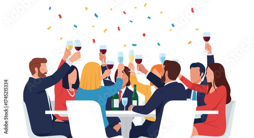 Group of people celebrating with wine glasses at a party.
