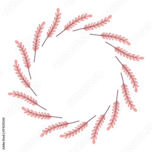 Pink Muhly Round Border. Cute Muhlenbergia Plant Flowers arrangement. Kawaii botanical pastel circle wreath for greeting card, wedding invitation. Vector illustration