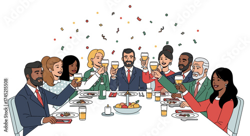 Diverse business team celebrating success with a toast at a dinner party.