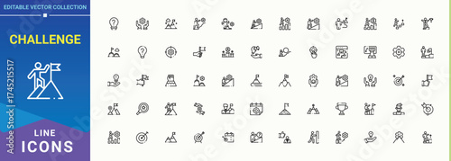 Challenge linear icon collection. Icons for UI designs. Vector collections. Exam icon collection. Contain linear symbols development, success, target, exam, strategy and more.