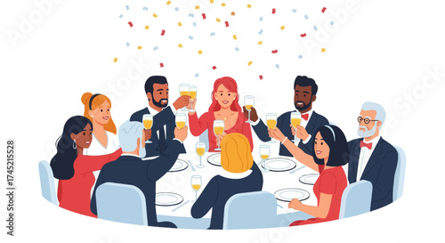 Diverse group of friends celebrating at a formal dinner party.