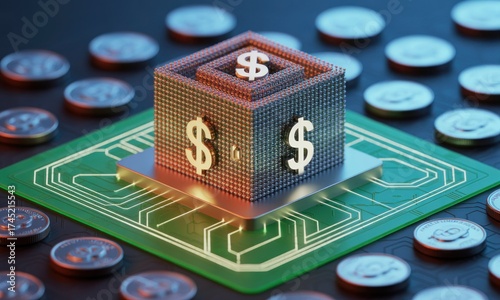 A 3D rendering of a cube with dollar signs atop a circuit board, surrounded by coins