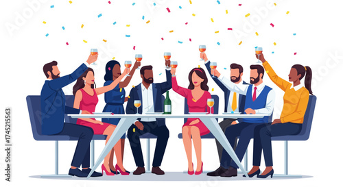 Diverse group of friends celebrating with champagne and confetti.