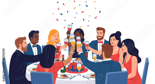 Diverse Group of Friends Celebrating Together at a Dinner Party.