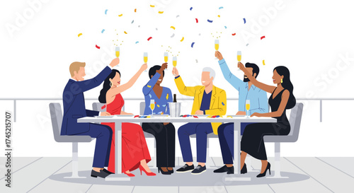 Diverse group of people celebrating with champagne and confetti.