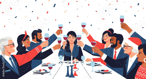 Group of diverse people toasting with wine at a celebratory dinner.