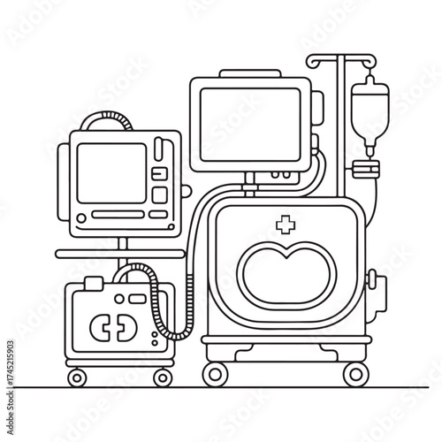 Hospital medical equipment and devices collection line art isolated on white background