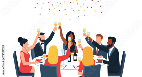 Diverse group of friends celebrating with champagne at a formal dinner party.