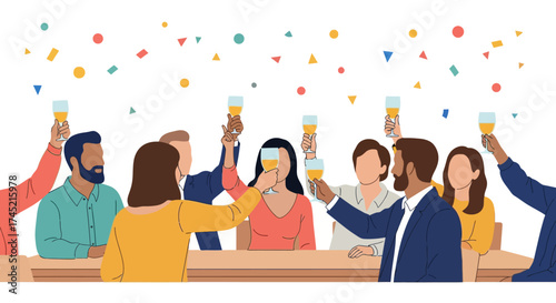 Group of friends celebrating with drinks and confetti.