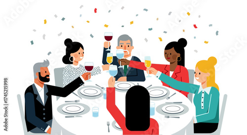 Group of people toasting drinks at a celebratory dinner.