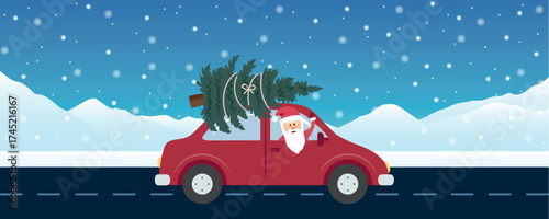 santa drive with red car and christmas tree in snowy winter landscape vector illustration
