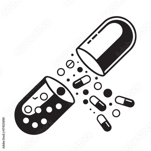 Exploding capsule reveals pharmaceuticals medicine drug pills isolated on white background