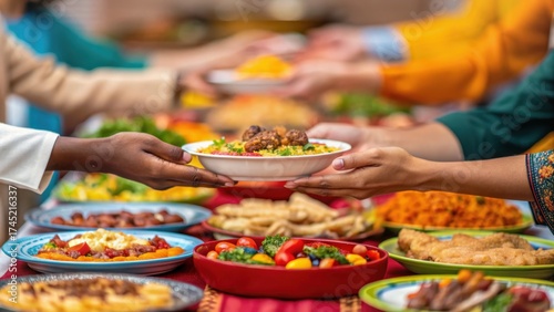 immigrant support network A vibrant gathering where diverse dishes are shared among people, showcasing community and cuisine.