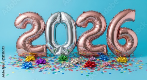 Wallpaper Mural Rose gold and silver balloons spell out 2026 with confetti and bows Torontodigital.ca