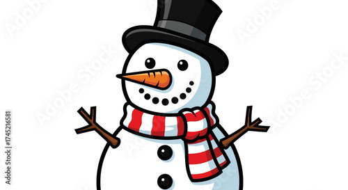 Cheerful snowman with a black hat and a red scarf in winter.