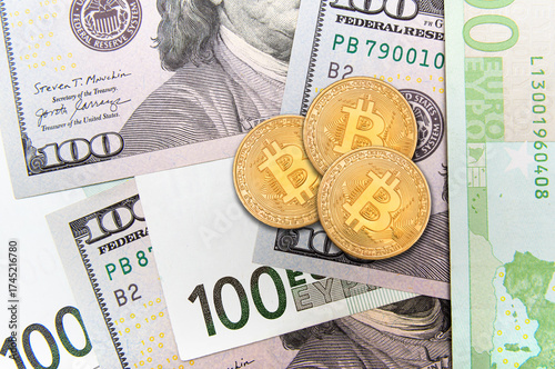 Bitcoin coins placed on US dollar bills showcasing cryptocurrency and its relationship with traditional money