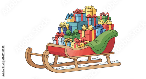 Christmas Sleigh Overflowing with Colorful Gift Boxes and Presents.