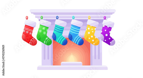 Colorful Christmas Stockings Hanging on a Fireplace Mantel.