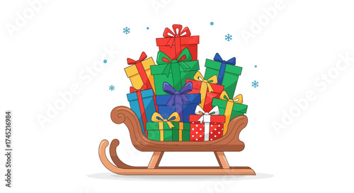 Christmas sleigh overflowing with colorful wrapped gifts ready for delivery.