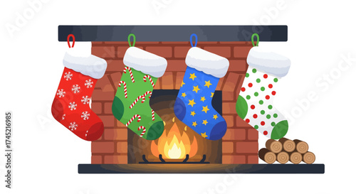 Festive Fireplace Scene with Hanging Christmas Stockings.