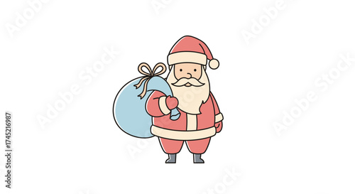 Cute cartoon Santa Claus holding a large blue gift sack.