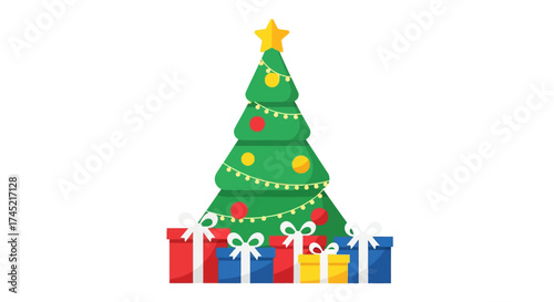 Festive Christmas tree adorned with ornaments and presents ready for celebration.