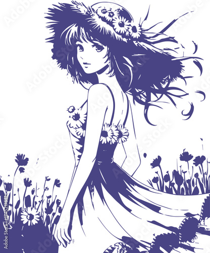 Beautiful vector illustration of a young woman in a summer dress, standing in a field of flowers. Rendered in a manga/anime style with a straw hat and daisy wreath. Ideal for romantic, spring, or fash