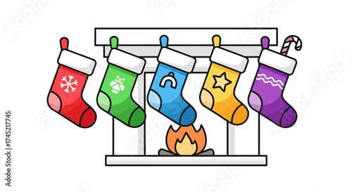 Colorful Christmas Stockings Hanging on a Fireplace Mantel with a Warm Fire.