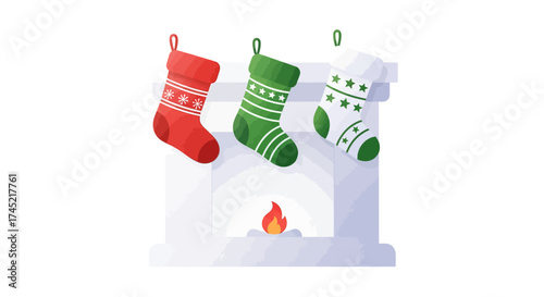 Christmas stockings hanging on a fireplace with a warm fire.