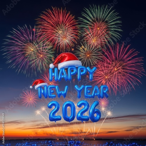 Wallpaper Mural Happy new year 2026 fireworks celebration with santa hats Torontodigital.ca