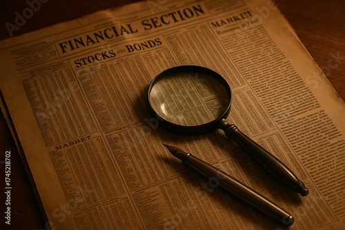 Vintage Financial Newspaper with Magnifying Glass and Pen