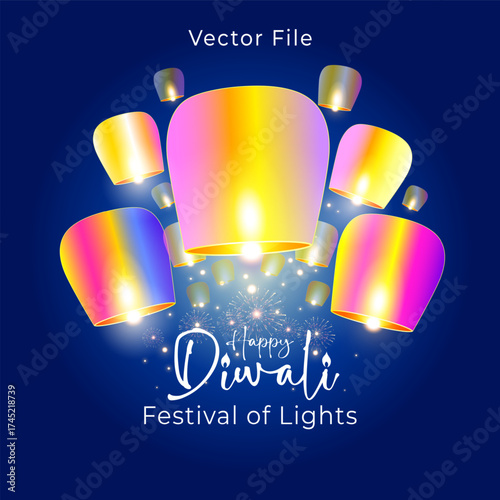 Happy Diwali festival of lights background. Poster design with colourful light lamp and fireworks.
