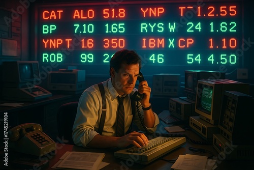 Retro Stock Trader Working in a Neon-Lit Office