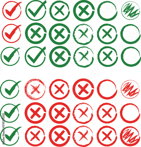 Collection of hand drawn checkmarks and crosses in circles for approval and rejection decisions