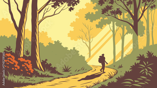 Peaceful woodland scene with hiker on trail, perfect for outdoor adventure, nature getaway, and travel inspiration. Serene, calming, and scenic landscape art