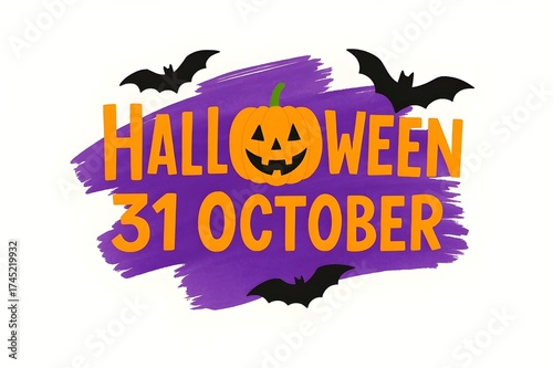 Halloween 31 October Greeting Card with Pumpkin and Bats | Festive Purple Background Holiday Illustration