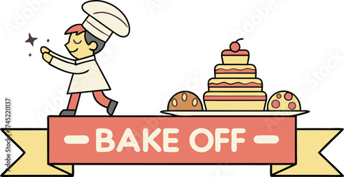 Delightful bake off banner with a happy baker and tempting treats, perfect for promoting baking competitions and culinary events with festive charm