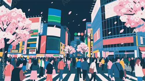 Illustration Of Shibuya Crossing Bustling With Pedestrians With Neon Signs Lit Up And Cherry Blossom Trees In Bloom Vector Design Template