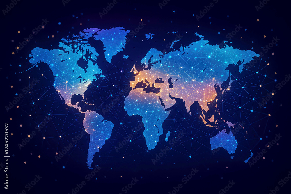 Naklejka premium Digital World Map with Glowing Network Connections and Data Points on Dark Blue Background global