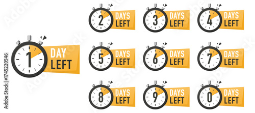 Days left icon. Offer countdown date number. Abstract banner with Stopwatch. 0, 1, 2, 3, 4, 5, 6, 7, 8, 9 days left icon. Countdown Day. Promotion sale offer deal time. Vector illustration