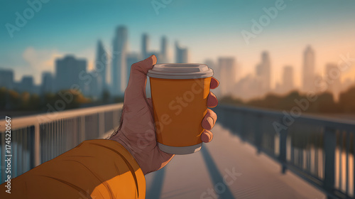 Enjoying a coffee break in front of a cityscape background, with a hand holding a paper cup