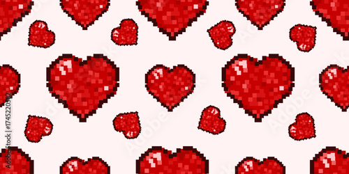 Pixel Art seamless pattern. Vector illustration of trendy Pixel Art red Heart seamless background. Perfect love Pixel art Wrapping Paper for Valentines Day present.  EPS 10
