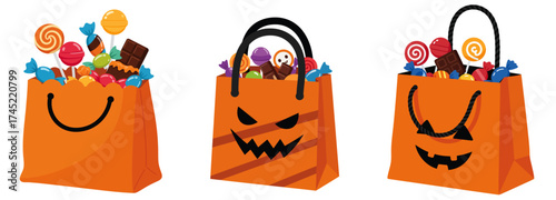Three orange Halloween trick-or-treat bags filled with candy.